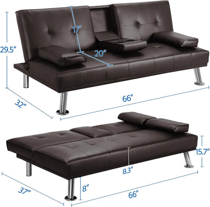 Yaheetech Convertible Sofa Bed Adjustable Couch Sleeper Modern Faux Leather Home Recliner Reversible Loveseat Folding Daybed Guest Bed, Removable Armrests, Cup Holders, 3 Angles, 772lb Capacity, Black