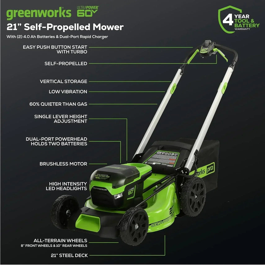 60V 21 Cordless (Self-Propelled) Lawn Mower , 2 x 4.0Ah Batteries and Dual Port Rapid Charger