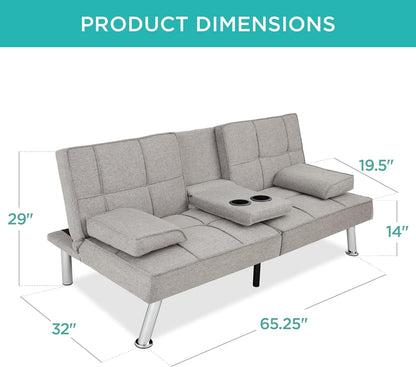 Best Choice Products Linen Upholstered Modern Convertible Folding Futon Sofa Bed for Compact Living Space, Apartment, Dorm, Bonus Room w/Removable Armrests, Metal Legs, 2 Cupholders - Gray