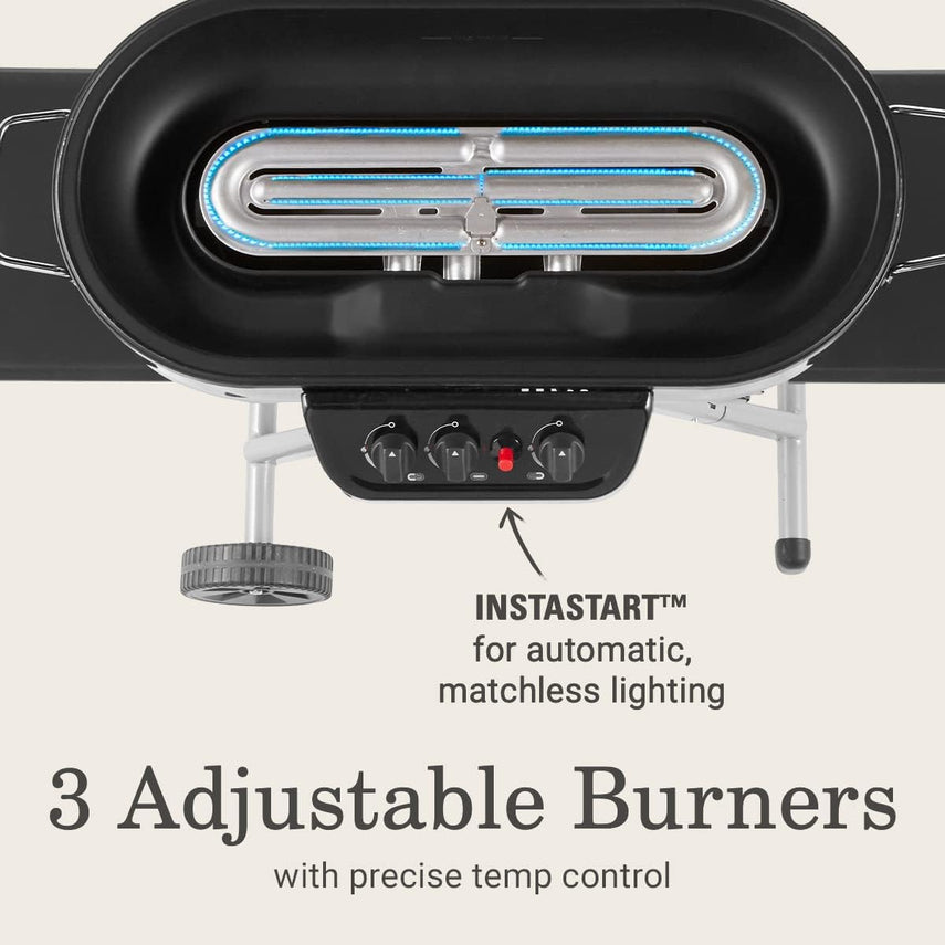 RoadTrip Portable Stand-Up Propane Grill with 3 Adjustable Burners & Instastart Ignition, 20,000 BTUs of Power for Outdoor Cooking