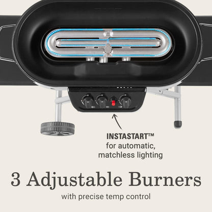 RoadTrip Portable Stand-Up Propane Grill with 3 Adjustable Burners & Instastart Ignition, 20,000 BTUs of Power for Outdoor Cooking