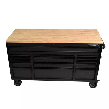 Heavy Duty 61 in. W x 23 in. D 15-Drawer Mobile Workbench with Solid Wood Top