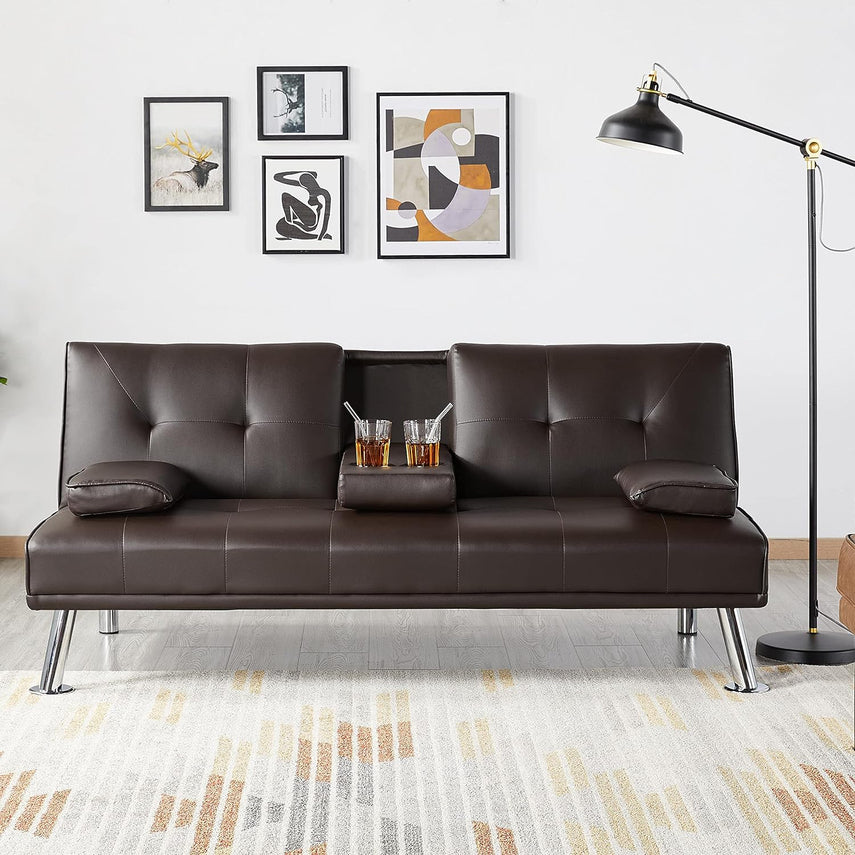 Yaheetech Convertible Sofa Bed Adjustable Couch Sleeper Modern Faux Leather Home Recliner Reversible Loveseat Folding Daybed Guest Bed, Removable Armrests, Cup Holders, 3 Angles, 772lb Capacity, Black