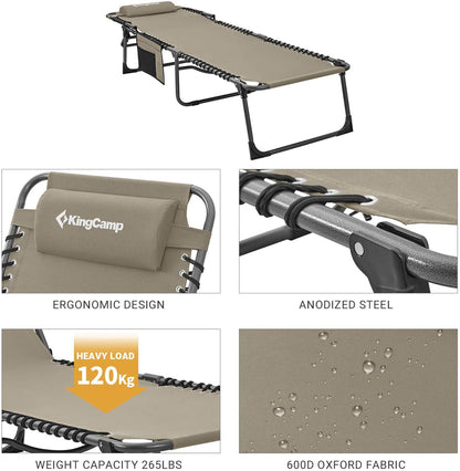 Adjustable 4-Position Folding Chaise Lounge Chair with Pillow Pocket, Supports 265lbs