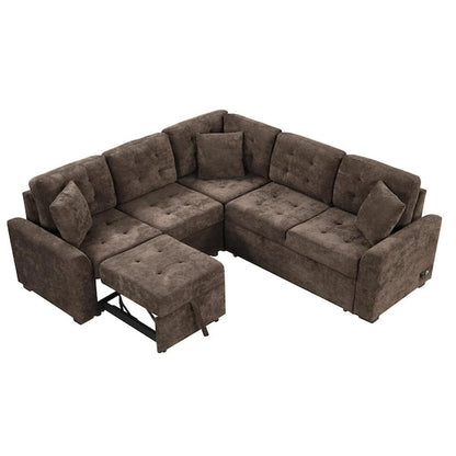 82.6 in. L Shaped Corded Velveteen Modern Sectional Sofa Pull-out Sleeper Sofa in. Brown with USB Ports, Power Sockets