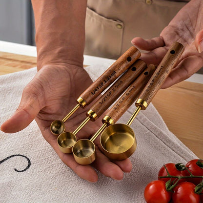 Stainless Steel Measuring Spoon Set with Acacia Wood Handles - 4-Piece Gold-Toned Volumetric Measuring Tools