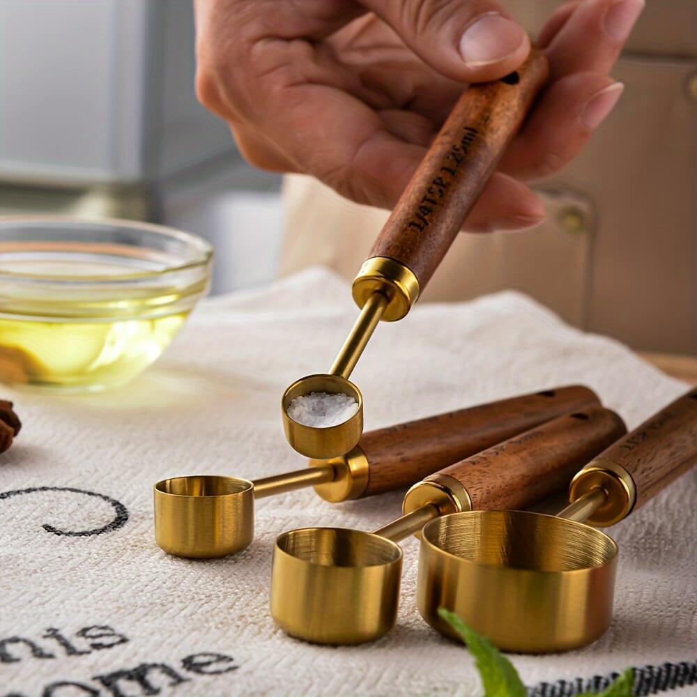 Stainless Steel Measuring Spoon Set with Acacia Wood Handles - 4-Piece Gold-Toned Volumetric Measuring Tools