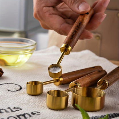 Stainless Steel Measuring Spoon Set with Acacia Wood Handles - 4-Piece Gold-Toned Volumetric Measuring Tools