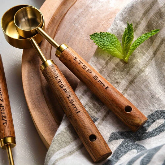 Stainless Steel Measuring Spoon Set with Acacia Wood Handles - 4-Piece Gold-Toned Volumetric Measuring Tools