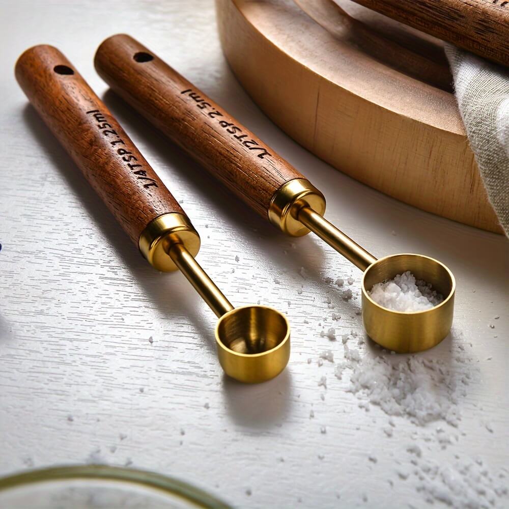 Stainless Steel Measuring Spoon Set with Acacia Wood Handles - 4-Piece Gold-Toned Volumetric Measuring Tools