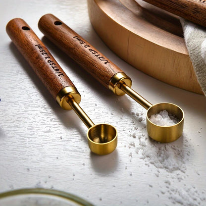 Stainless Steel Measuring Spoon Set with Acacia Wood Handles - 4-Piece Gold-Toned Volumetric Measuring Tools